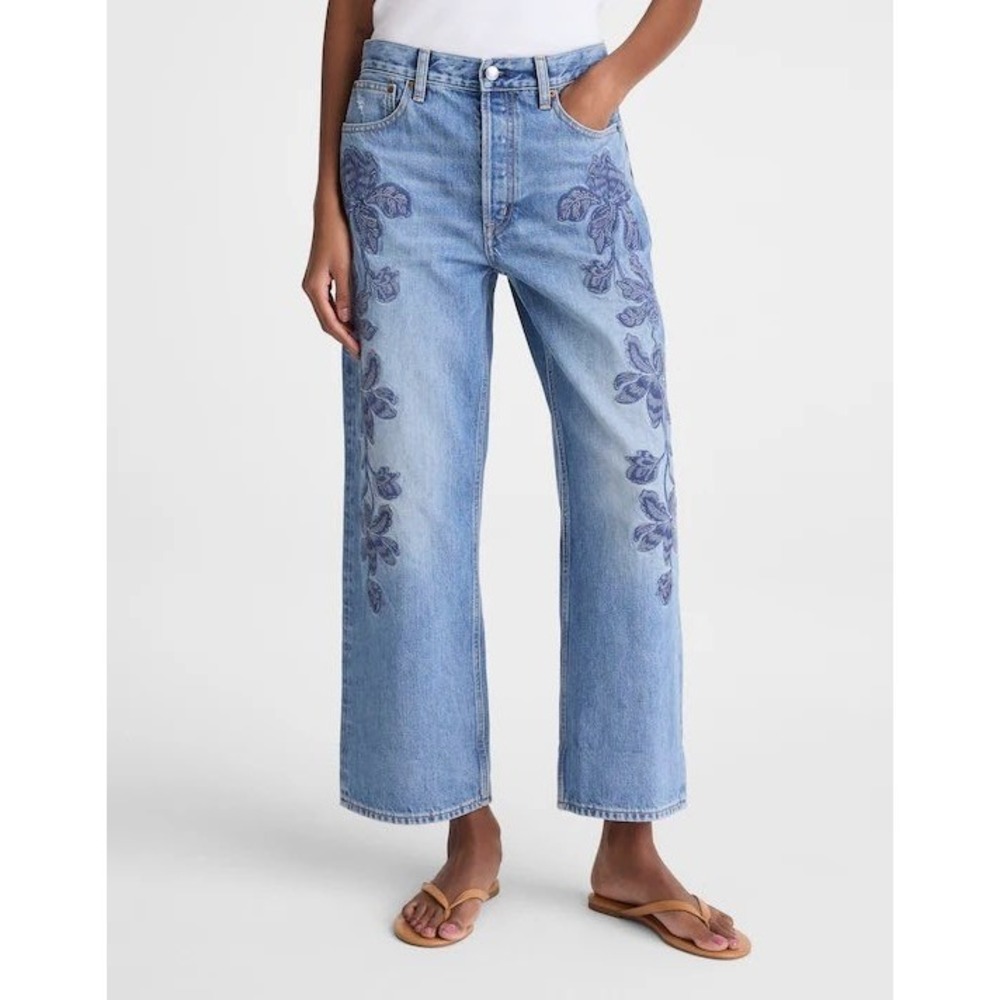 Madewell Low-Slung Baggy Crop Jeans Floral Embroidered Blue Denim 29 NM444
